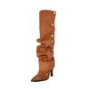 Tall Boots Women's Knee High Slouch Boots Flock Sung Fit Detachable Pleated Multi-way Heels Shoes Sexy Buttons Decor Footwear