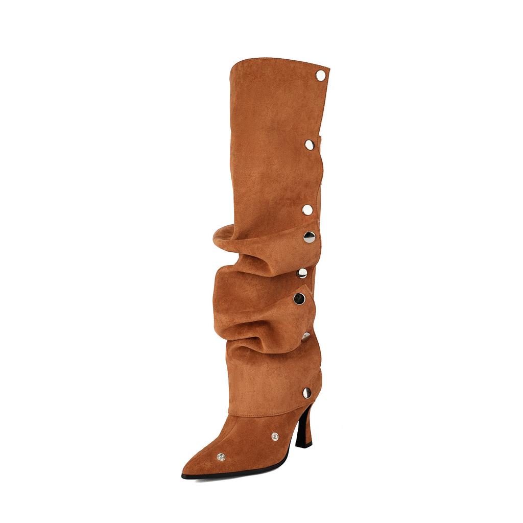 Tall Boots Women's Knee High Slouch Boots Flock Sung Fit Detachable Pleated Multi-way Heels Shoes Sexy Buttons Decor Footwear