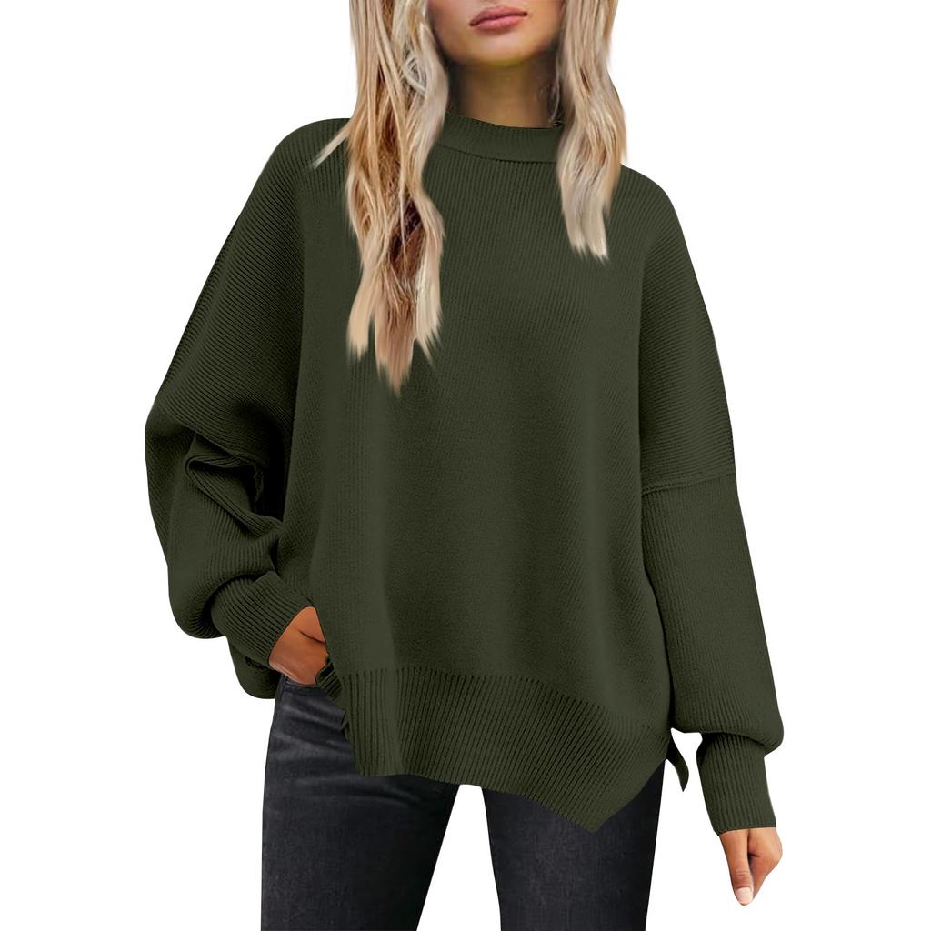 Women's Fashion Round Neck Long Sleeve Sweater Knitted Side Slit Pullover
