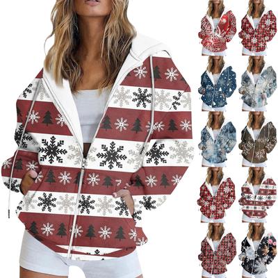 Damenmode Lässig Weihnachten Bedrucktes Sweatshirt Herbst Und Winter Langarm Mit Tasche Strickjacke Jacke Reißverschluss Hoodie Mantel