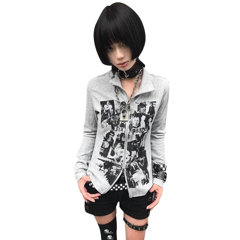 Jinliang Women's Ribbed Velvet Retro Punk Zip-Up Cardigan