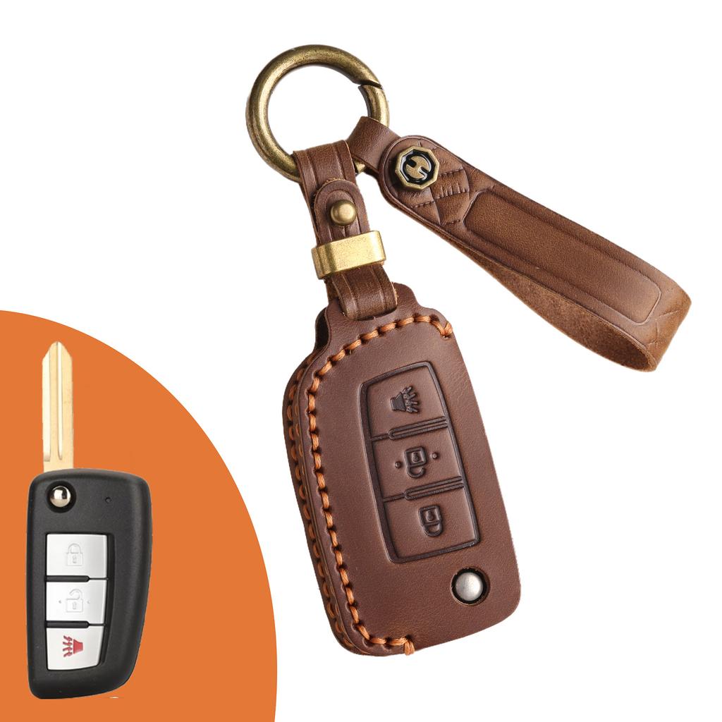 The key cover is suitable for Nissan folding key bag, genuine leather, handmade auto supplies.
