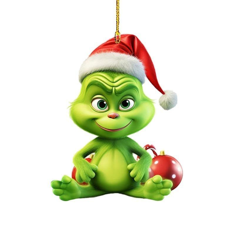 Acrylic Flat 2D Christmas Tree Pendant, Mirror Green Hair Monster - for Holiday Decorations, Halloween, Thanksgiving Flat Christmas Tree Pendant