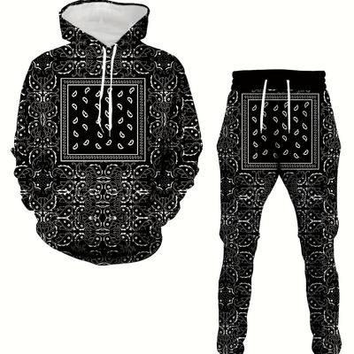 2pcs Men's 3D Printed Loungewear Set - Drawstring Hoodie Sweatshirt and Pants for Trendy Comfort