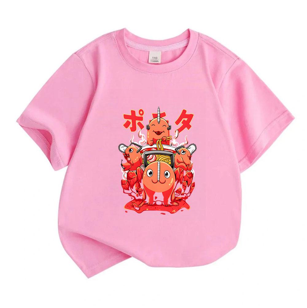 Kids Boys Girls 100% Cotton Crew Neck Short Sleeve T-Shirt, Cute Anime Pochita Ramen Cartoon Print Casual Soft Tee for Daily Playwear Summer Tops