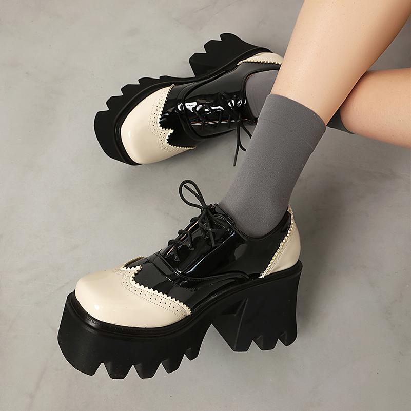Lotus Leaf Edge Patent Leather Splicing PU Mixed Color Women s Pumps Square Toe Thick Sole Sponge Cake Thick Heel Lace Up Shoes 34 чёрный 7869₽