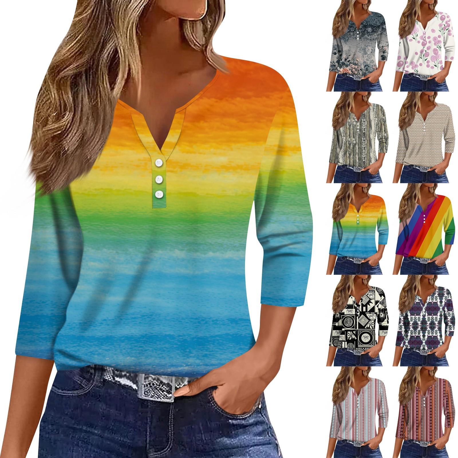 

3/4 Length Sleeve Women s Tops Print Vintage Fashion Casual Loose With V Neck Plus Size Shirts Tops XXL білий