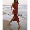 Spring and Summer Women's Clothing Gold Inlaid Boat Neck Sleeveless Linen Blend Ruched Midi Skirt Dress 2840709