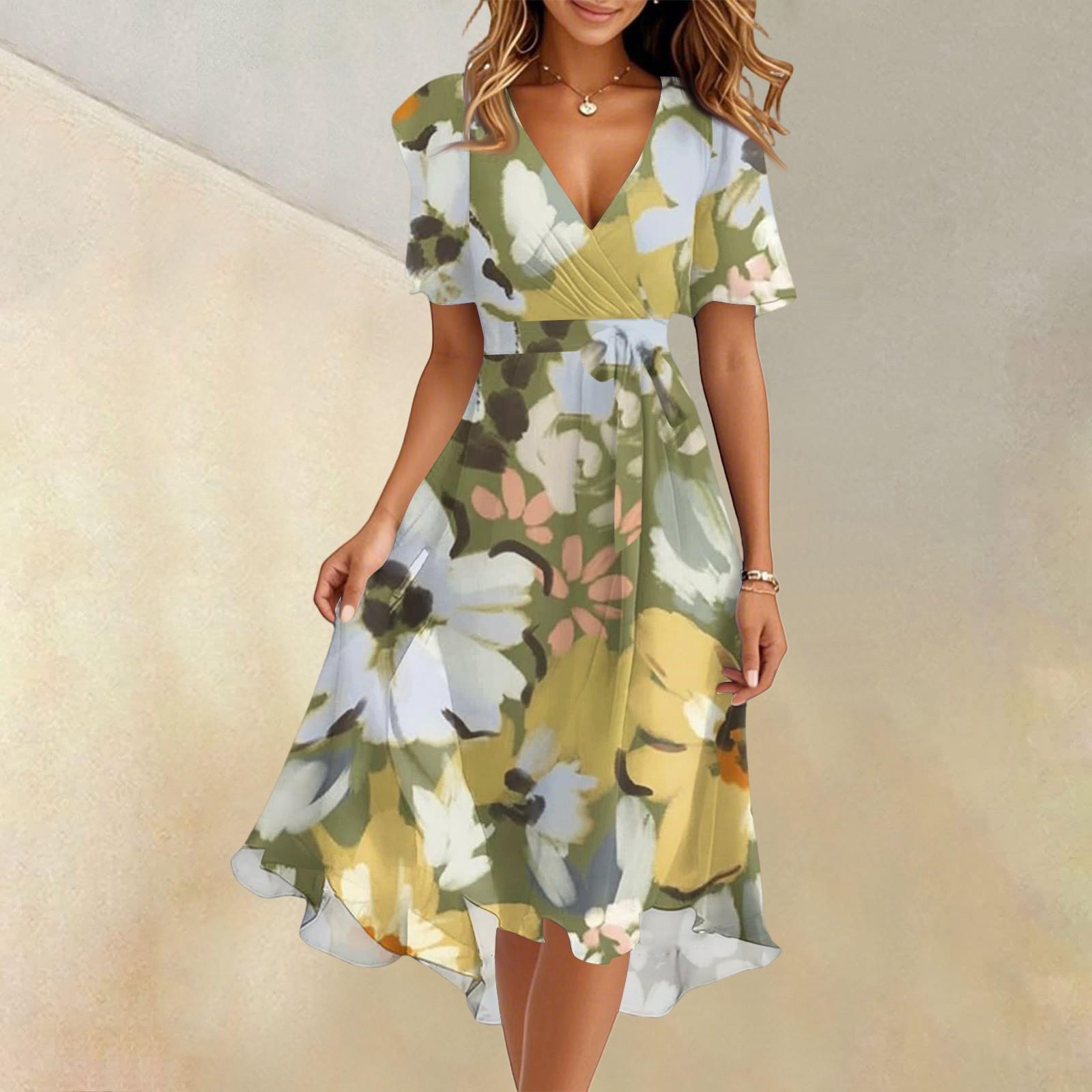

Женское летнее модное расклешенное платье с V-образным вырезом и короткими рукавами с цветочным принтом M жёлтый