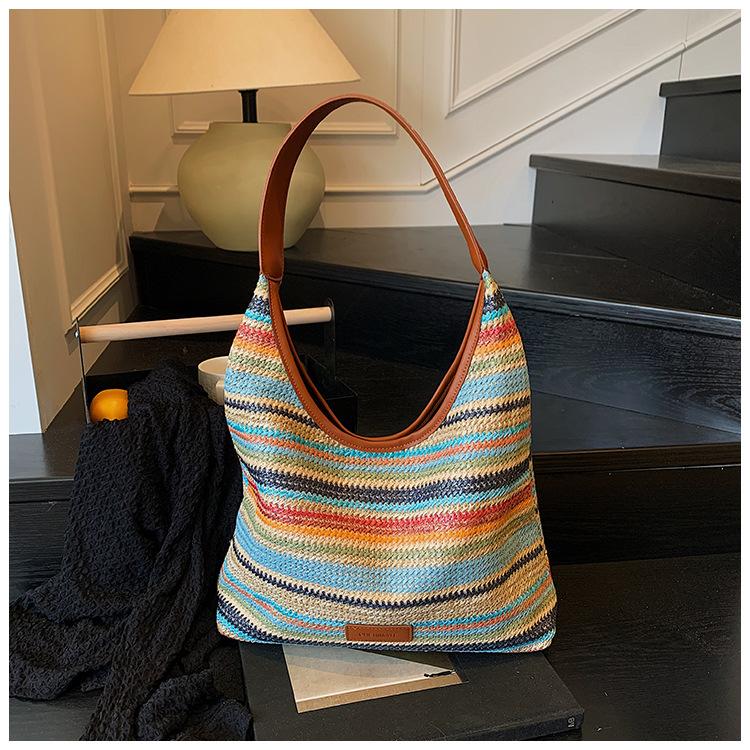 

Весна новая полосатая простая сумка на плечо популярная плетеная простая сумка женская сумка для отдыха большой вместимости коричневый