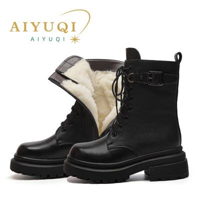 Damenstiefel aus echtem Leder, rutschfest, große Damen-Winterstiefel, britischer Stil, bequeme Woll-Damen-Schneestiefel