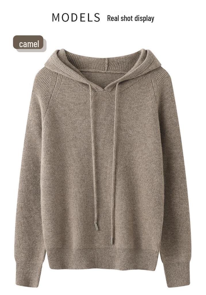 Women's Slim Fit Hooded Wool Cardigan Sweater - Knitted Long Sleeve Versatile Pullover Base Layer