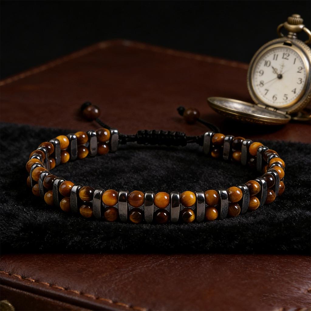 Men Tiger Eye Hematite Beaded Bracelet, Adjustable Braided Healing Energy Natural Stone Stackable Wrist Jewelry Gift for Guys