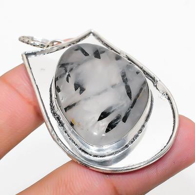 Natürlicher Schwarzer Rutil Edelstein Handgefertigter 925 Sterling Silber Anhänger 2.21" n6q21
