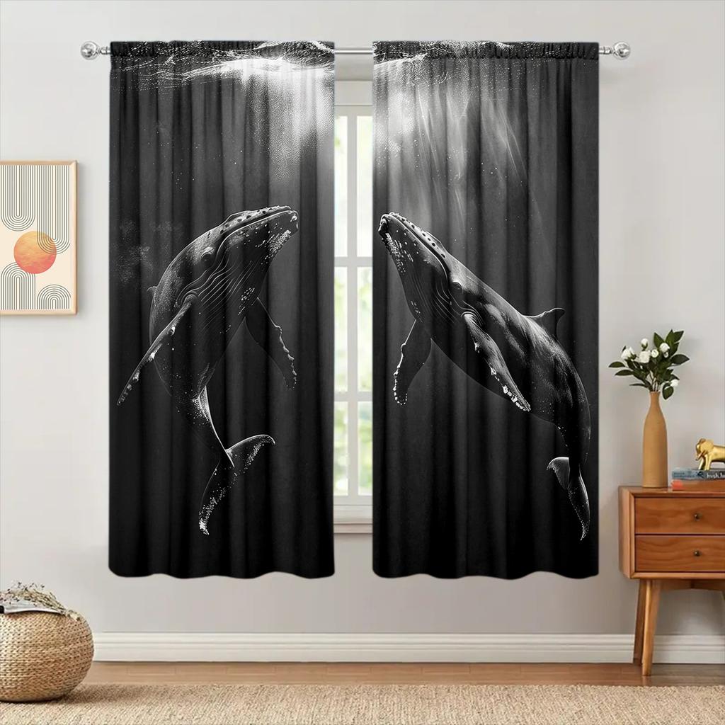 2pcs Whale Printed Curtain for Home Decor - Rod Pocket Window Treatment for Bedroom   Office   Kitchen   Living Room   and Study