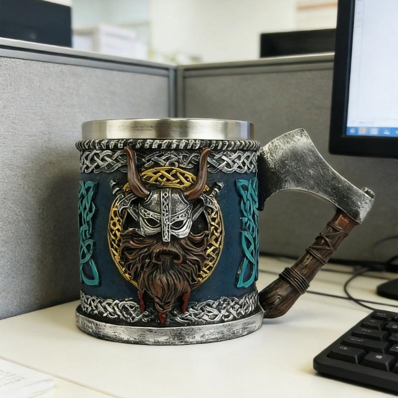 Medieval Pirate Drinking Cup With Ergonomic Axes Handle And Decorative Carvings Beer Mug For Beverage Enthusiasts Gift