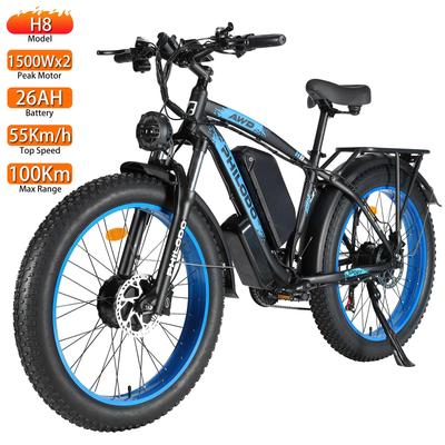 Electric Bike Adult Philodo H8 26" 3000W Motor 48V 26AH All Terrain Ebike 21 Spped Top Speed 55Km/h Max Load 150Kg Blue