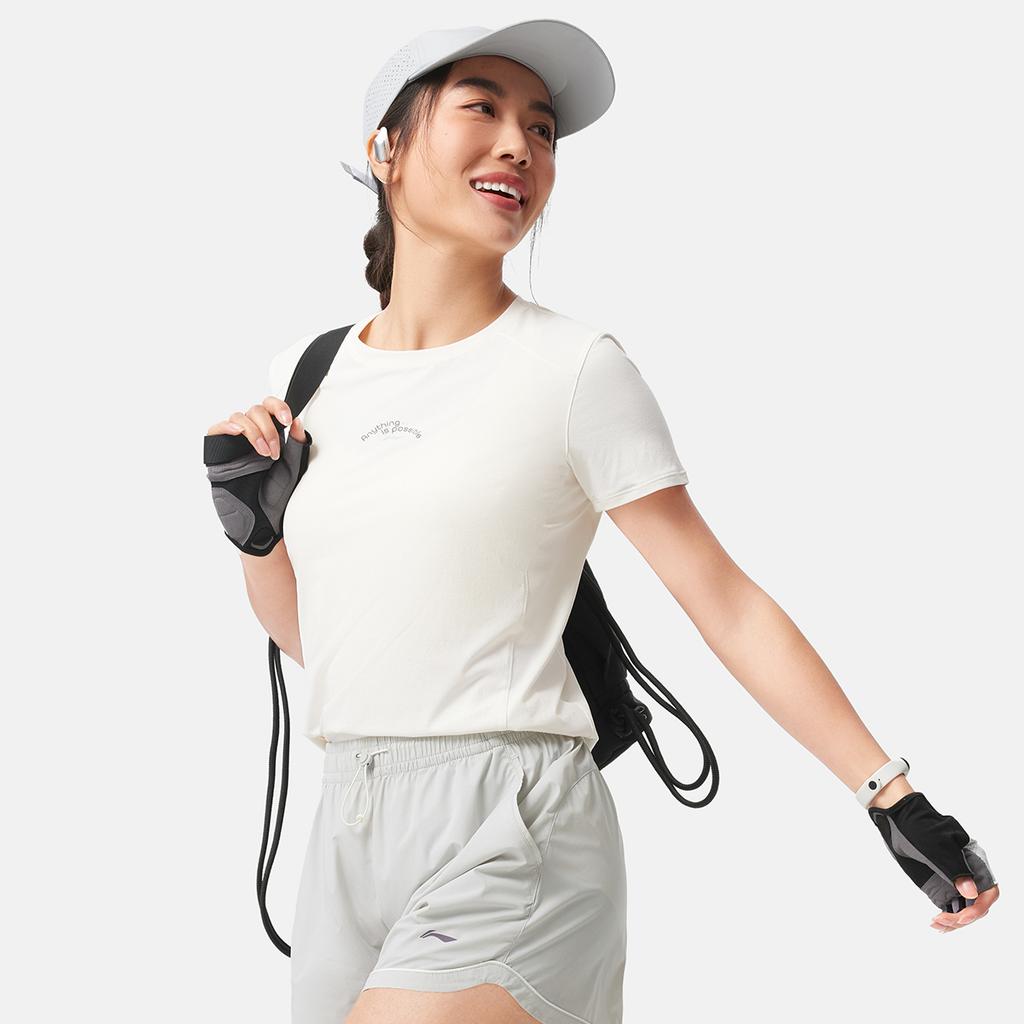 Li-Ning Comfortable Casual Simple Quick-Dry Letter Round Neck Pullover Short Sleeve T-Shirt Women T-Shirts Off-White ATSV140-1