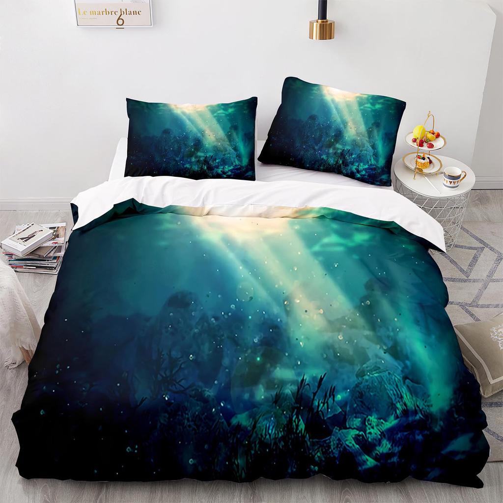 Underwater World King Queen Duvet Cover Cartoon Ocean Animal Bedding Set For Kids Fish Coral Sea Life Soft Polyester Quilt Cover