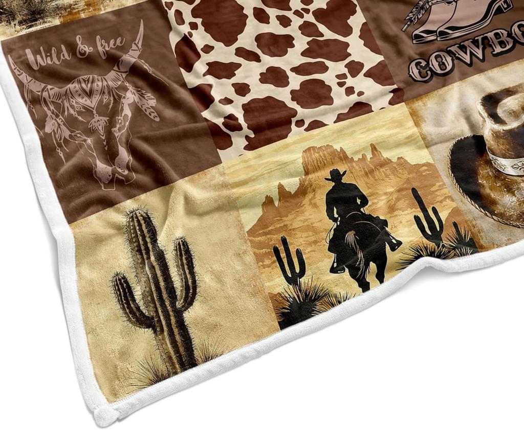 Coperta Plaid in Pile da Cowboy Western, Coperte da Cowboy Occidentali Vintage, Coperta in Flanella da Cowboy Retro del Selvaggio West a Cavallo, Morbida,