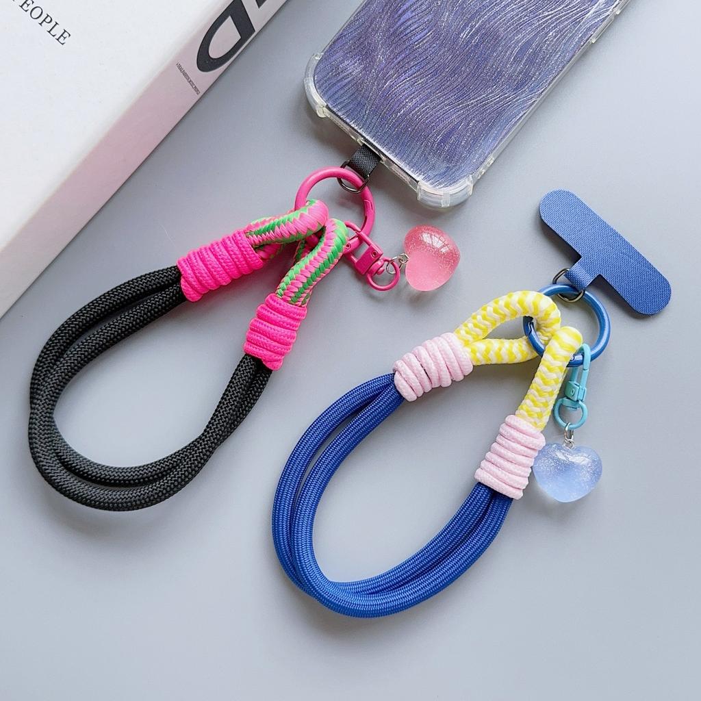 Universal Braided Mobile Phone Lanyard Strap Love Pendant Chain Ring Cord with Patch Wrist Strap Cell Phone Detachable