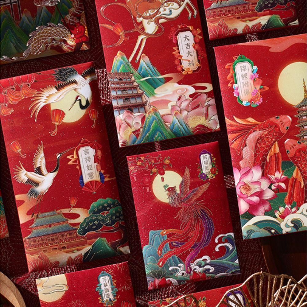 6pcs Traditional Lucky Money Bag Hongbao Money Packet Cartoon Good Luck Red Pocket Wedding Birthday