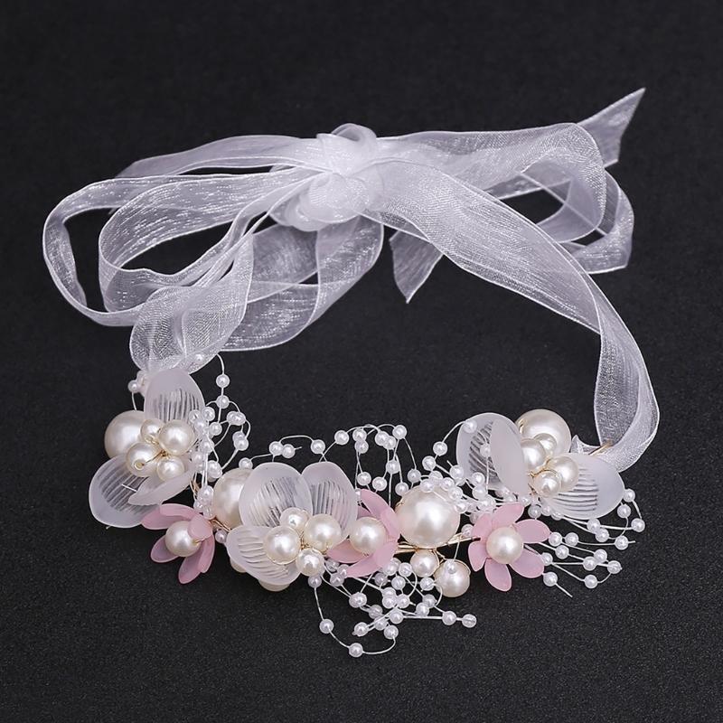 Flower Girl Tiaras Headband with Wrist Flower Artificial Pearls Flower Hairhoop For Wedding Dress And Formal Occasion