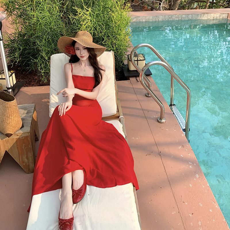 Christmas Red Suspender Dress Women's Tube Top Design Sense Niche Beautiful Light Luxury High-end Long Dress