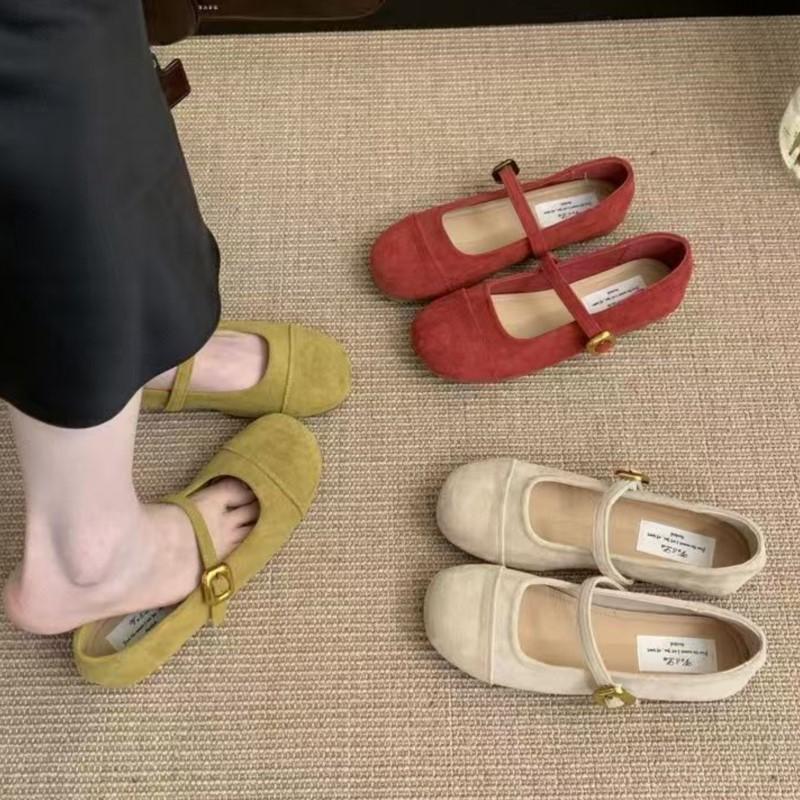 Fashion 2025 French Retro Suede Mary Jane Flats for Women Shallow Mouth Ballet Shoes Gentle Chic Red Single Shoes for Spring Autumn