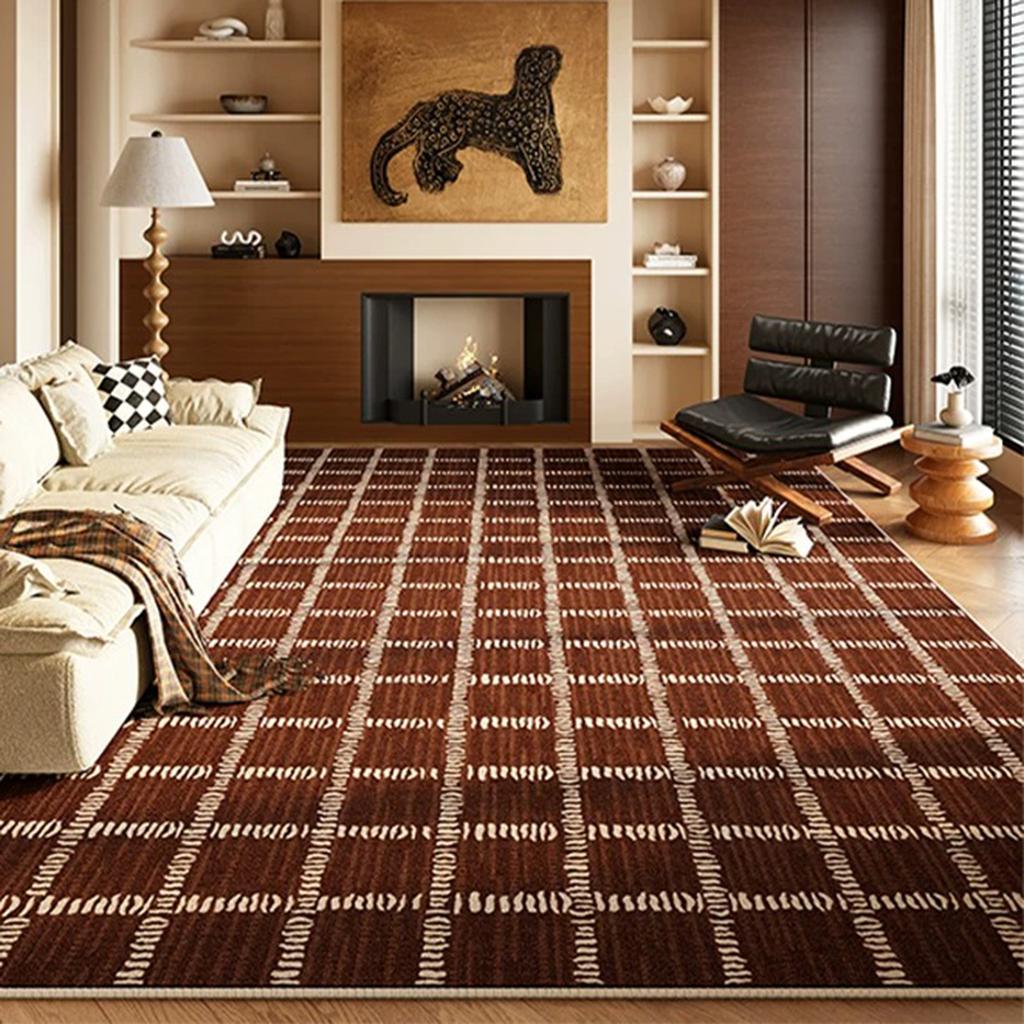 Vintage American Plaid Rug for Living Room Large Area Carpet Mid-tone Maillard Brown Mat Coffee Tables Rugs Bedroom Floor Mats