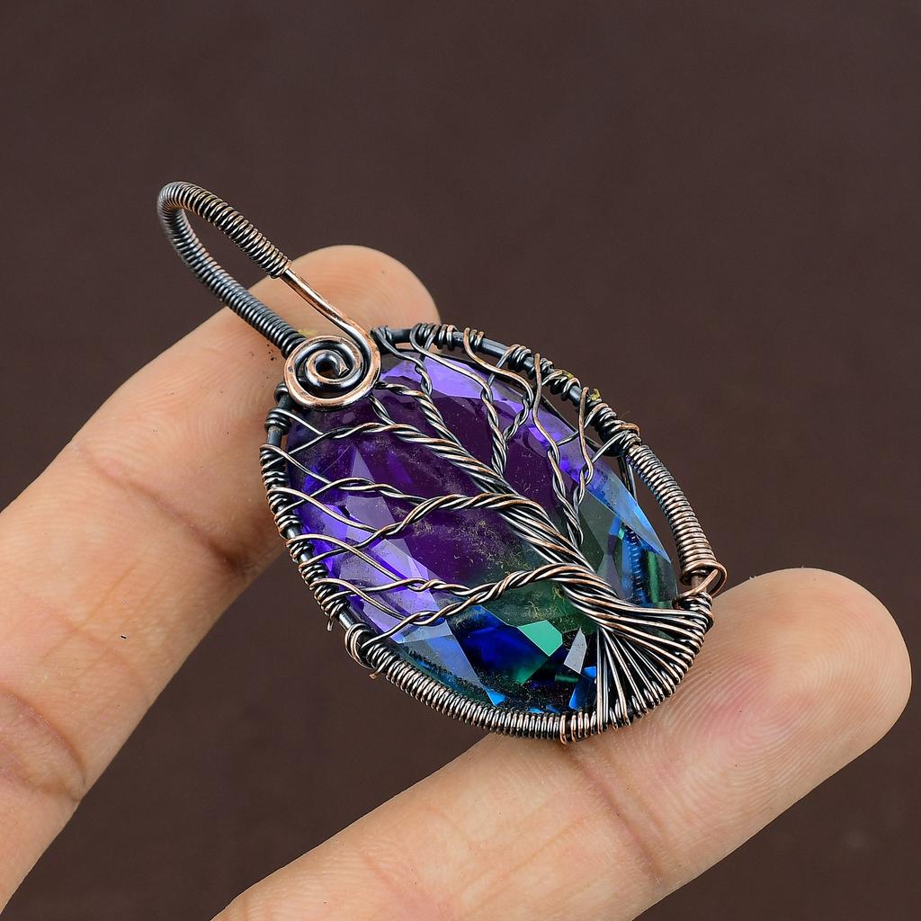 Turmalină Bicoloră Lucrată Manual cu Înfășurare din Sârmă de Cupru Bijuterie Pandantiv 2.4" g5A45