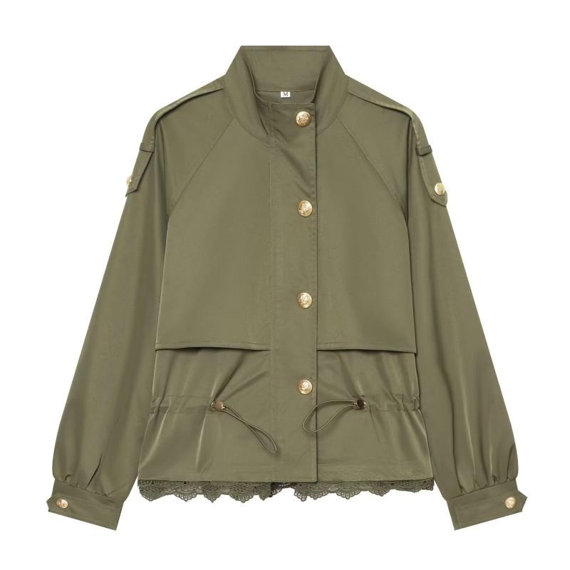 2026 Womens Streetwear Lace Patchwork Stand Collar Cargo Jacket W04 8228