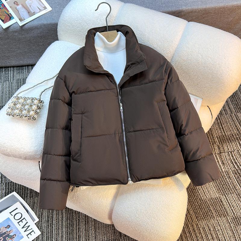 

Short autumn and winter new women s clothing hem drawstring stand-up collar long-sleeved loose cotton jacket XXL темно-коричневого