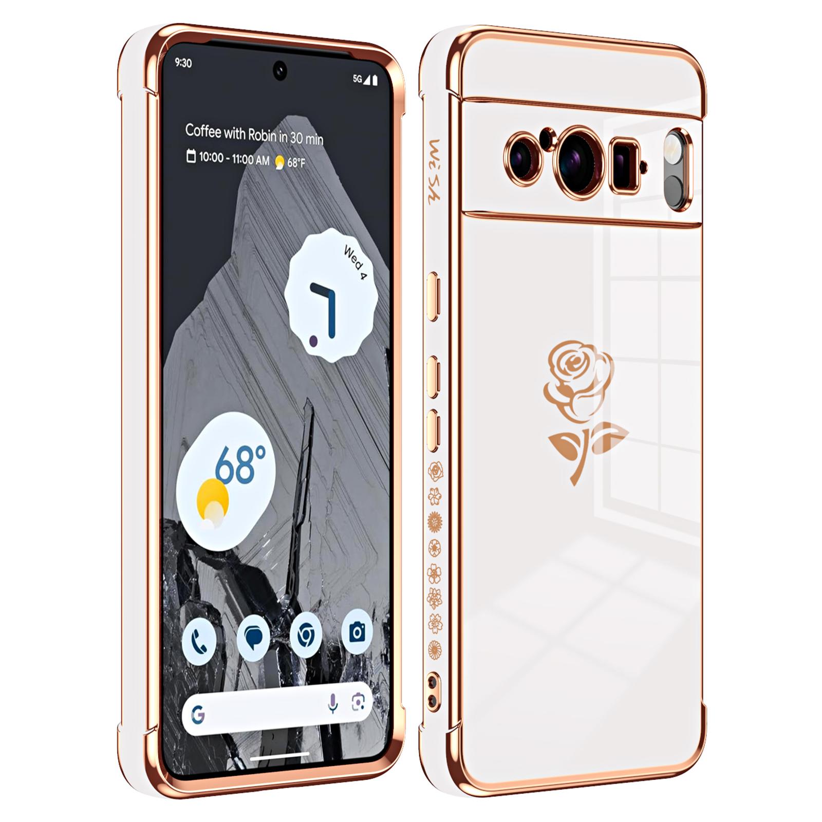 

Для чохла Google Pixel 8 Pro Гальванізований край Візерунок троянди TPU Задня кришка телефону Повітряна подушка Захист від падінь Ivory White