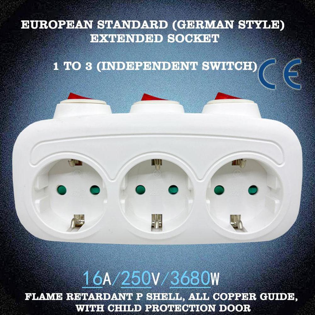 EU Plug Extension Socket 1 To 3 Way AC Outlets With ON/OFF Switch European Standard Conversion Power Extension Socket Adapter