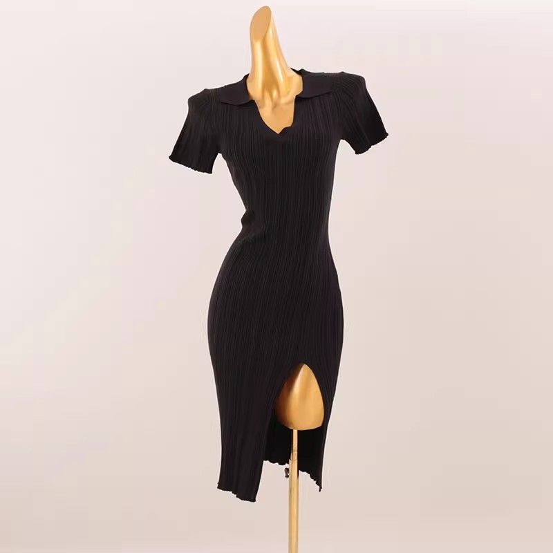 

Gyaru Elegant Polo Collar Side High Slit Dress Western Style Sexy V-neck Slim fit Elastic Knitting Hip Skirt Black One size