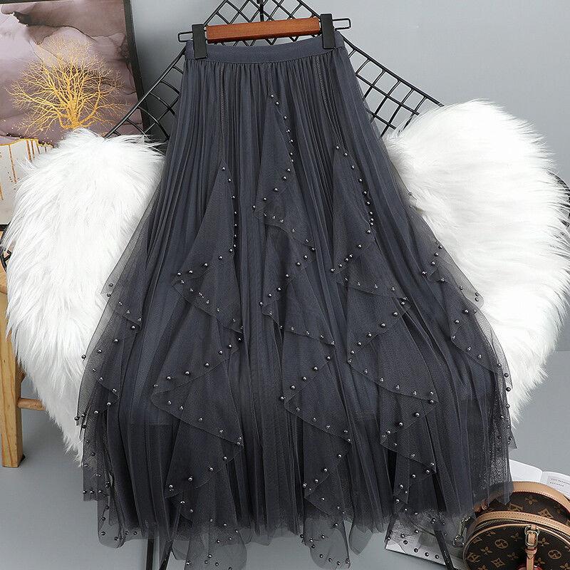 Chamliforve Women Tulle Mesh Skirt Elegant Elastic Waist Fairy Long A-line Tutu Skirt for Spring Summer High Waist Long Skirt