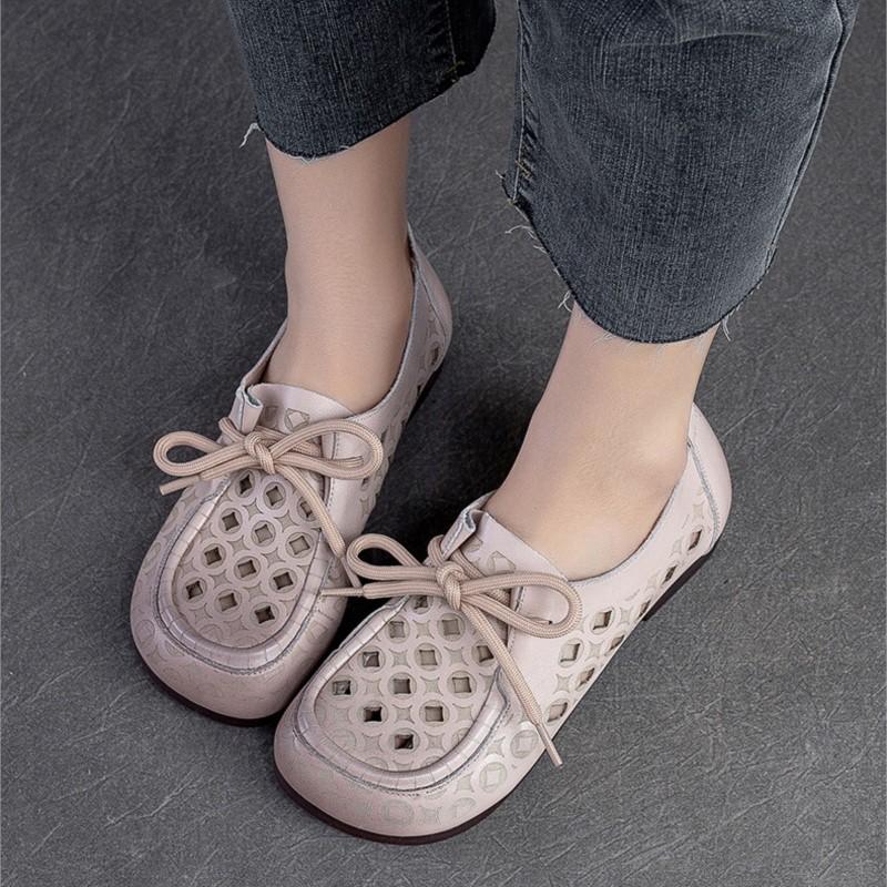 Johnature Sandales d'été confortables et décontractées ajourées pour femmes, chaussures plates respirantes à lacets en cuir véritable, semelle souple