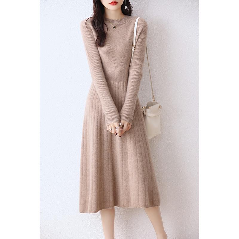 Women's Wool Round Neck Long Sweater Dress - Autumn/Winter Slim Knit Versatile Outerwear