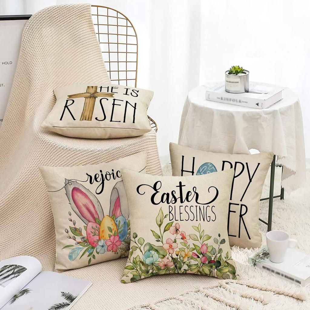 Fahrendom Happy Easter Eggs Bunny Decorative Throw Pillow Cover 18x18 Set of 4, Religious Rejoice Rabbits Carrot Flower Blessings Outdoor Pillowcase,