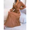 Women Cross V Neck High Waist Long Sleeve Solid Color Pleated Big Swing Maxi Dress