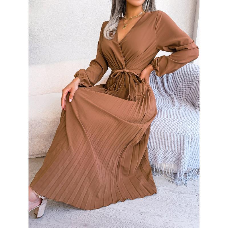 Women Cross V Neck High Waist Long Sleeve Solid Color Pleated Big Swing Maxi Dress