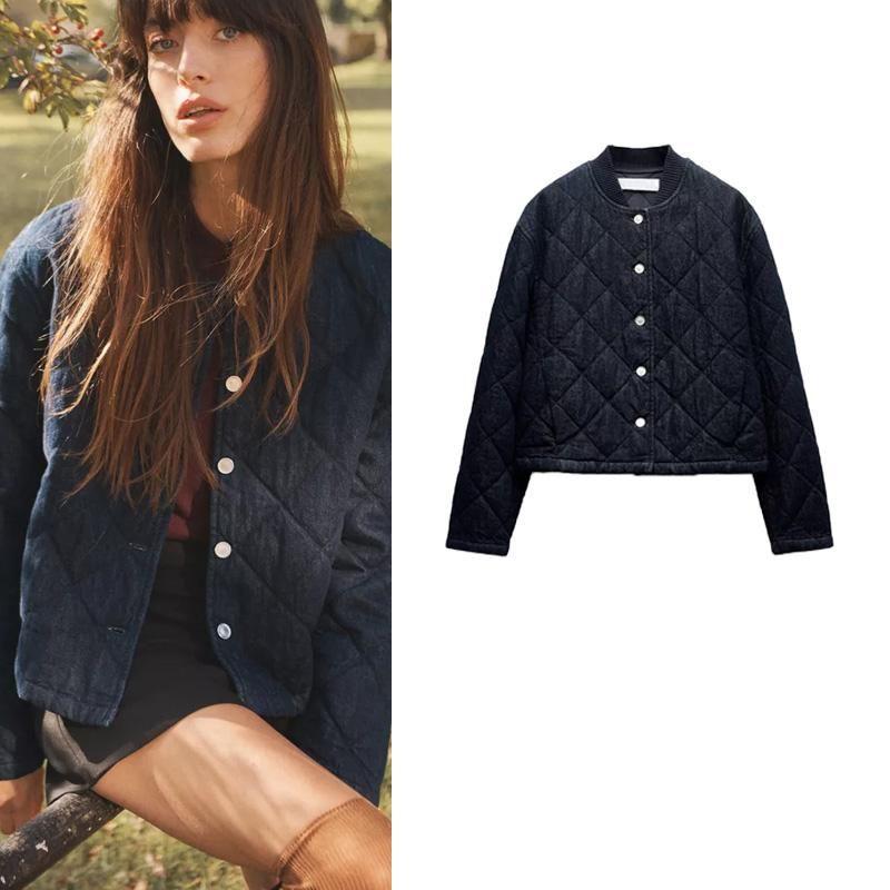 Fall and Winter New Women's Quilted Stand Collar Loose Single Breasted Denim Cotton Jacket Short Jacket 8845040