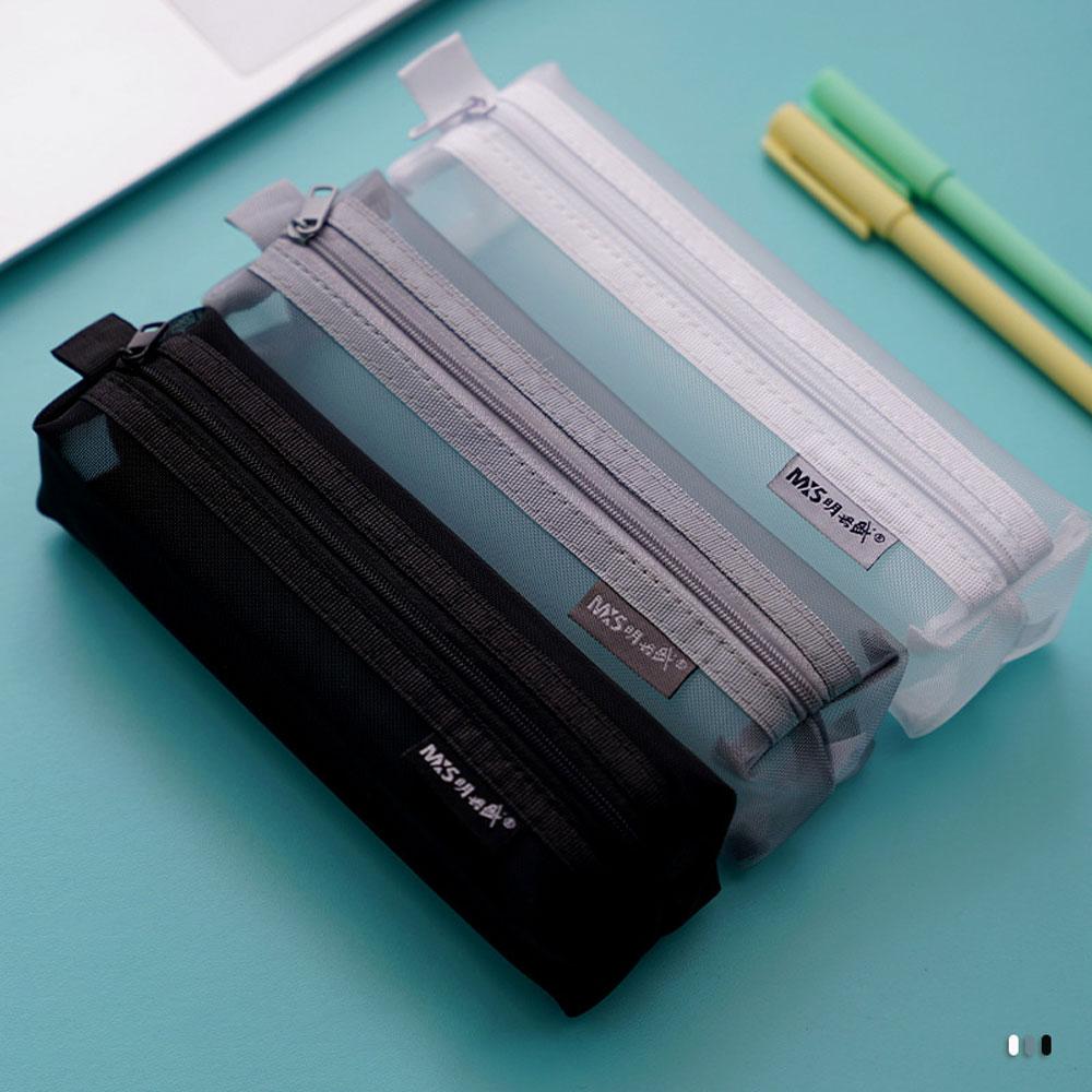 Simple Storage Pencil Bag Large Capacity Three-Dimensional Nylon Transparent Solid Color Mesh Pencil Stationery Bag