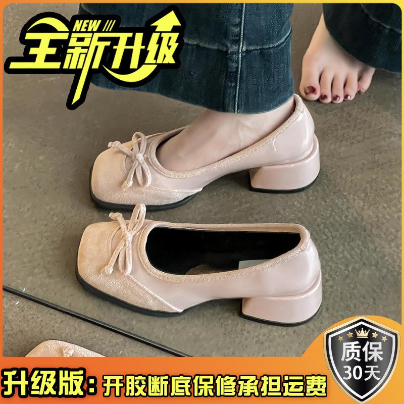 Retro Bow Thick Heel High Heels Women's Summer New Ballet Shoes Small Leather Shoes Mary Jane Single Shoes