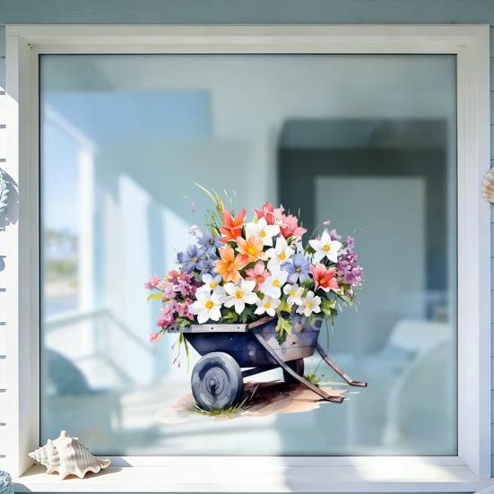 Einkaufswagen Blumen Fensteraufkleber Nicht haftender Fenstersticker Wasserdicht Statisch haftend Abnehmbarer Aufkleber für Wände Türen Fenster Badezimmer Schlafzimmer Heimdekoration
