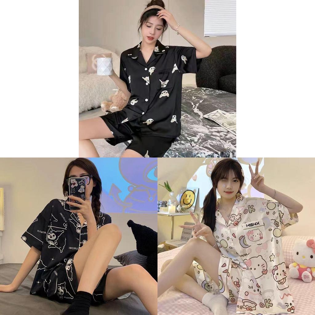Summer Ice Silk Sleepwear Set With Short Sleeves And Shorts For Comfortable Home Wear