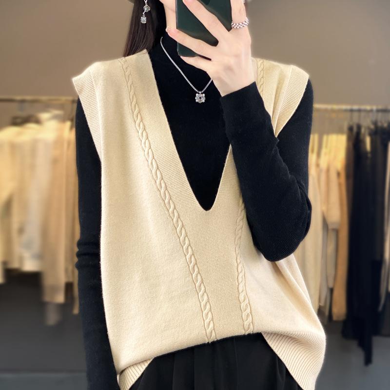 

24 осень новый женский вязаный жилет жилет жилет глубокий V-образный вырез пуловер жаккардовый свободный топ без рукавов S