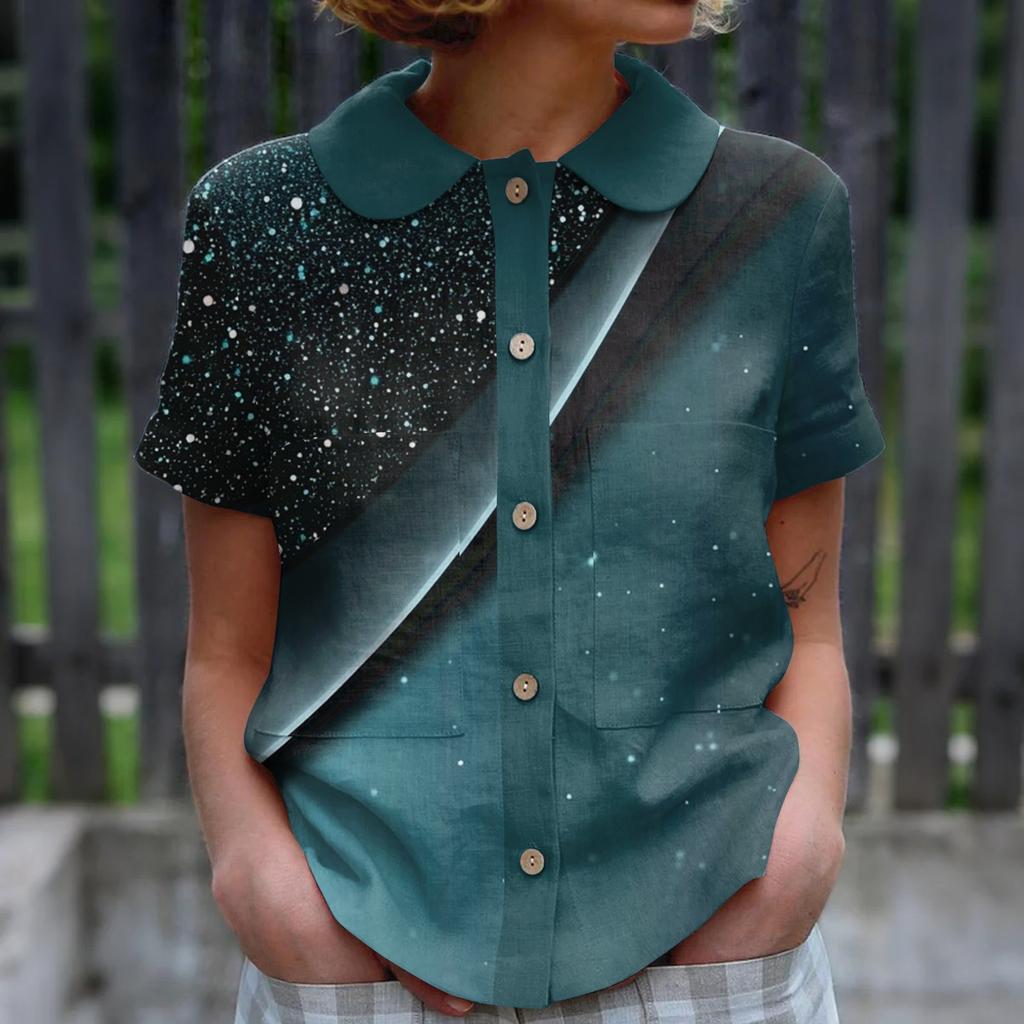 Women's Casual Fashionable Printing O Neck Button Short Sleeved Top