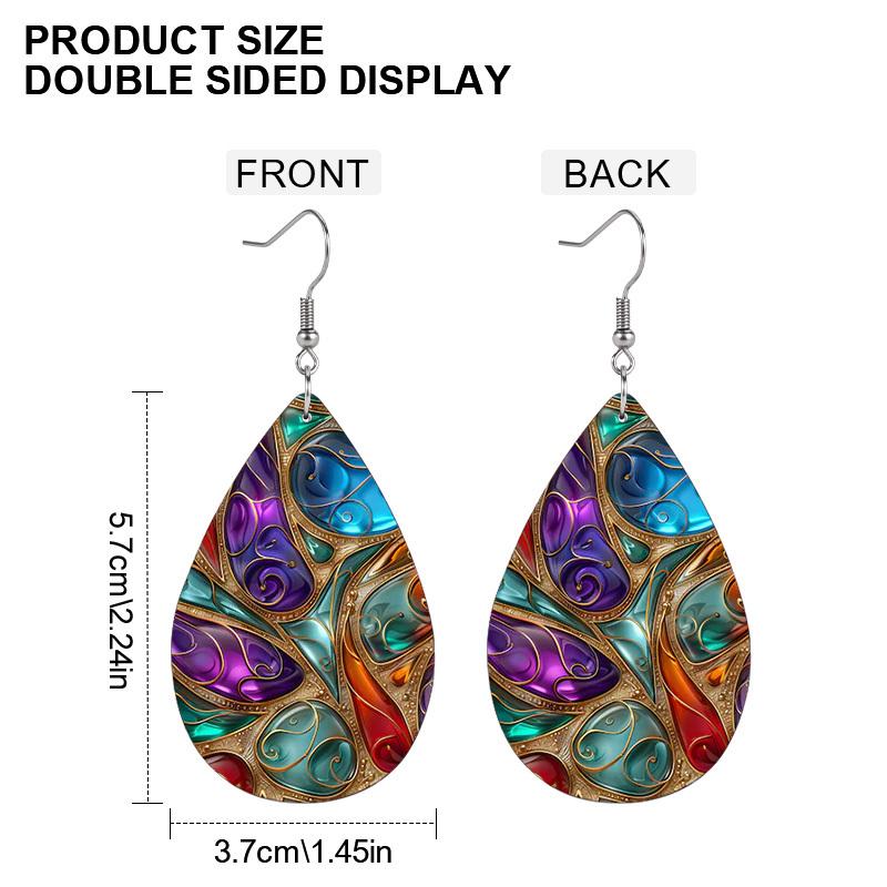 Chic Boho Palace Style PU Drop Dangle Earrings for Women, Vintage Floral with Geometric Double Sided Hoop Earring, Women's Fashion Drape Earrings